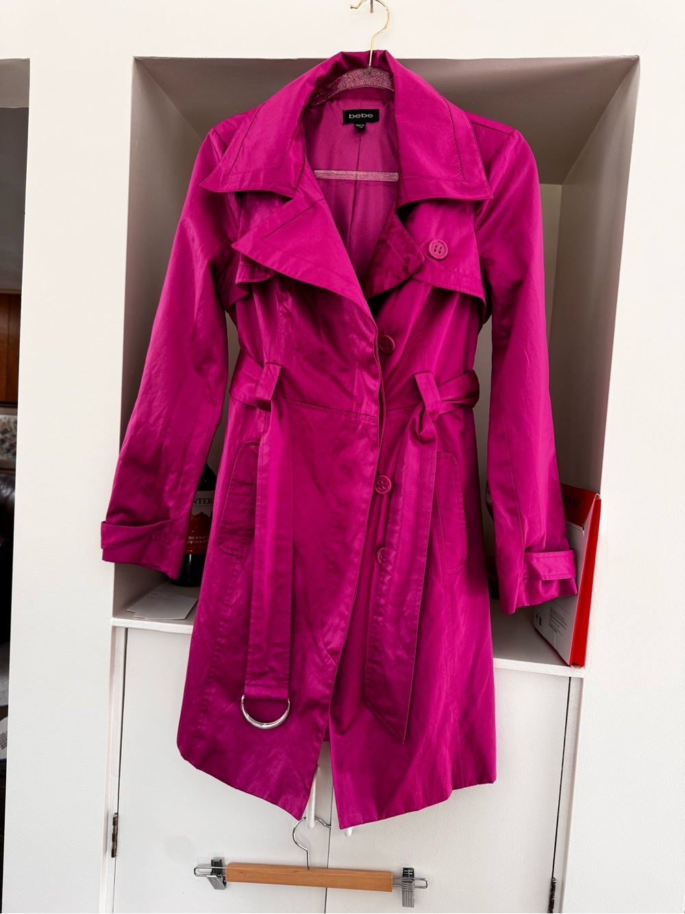 BEBE Fuchsia hot Pink magenta Belted Trench Coat — Size M